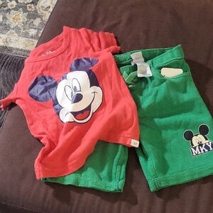 Mickey Mouse Red Tee & Green Shorts Set Size 3T